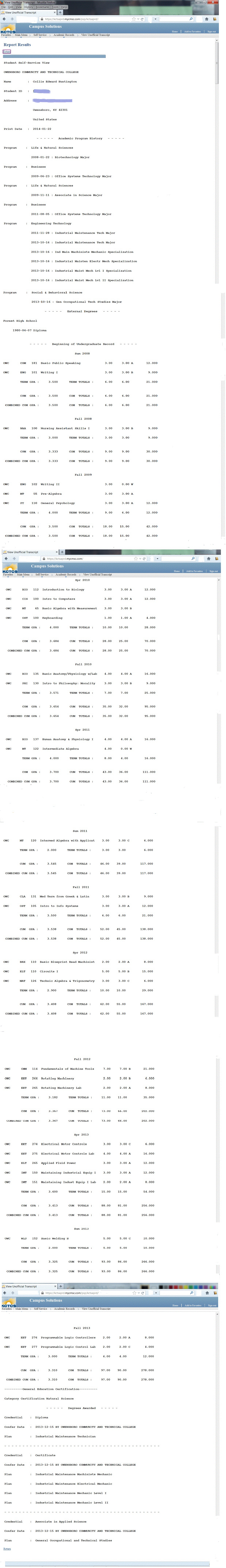 Collis E Huntington s Communty College Transcript image